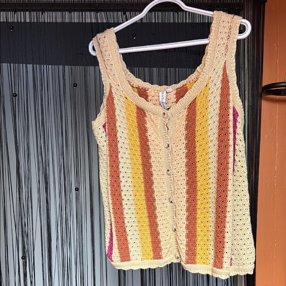 Cream and Yellow Ribbed Buttoned Tank Top